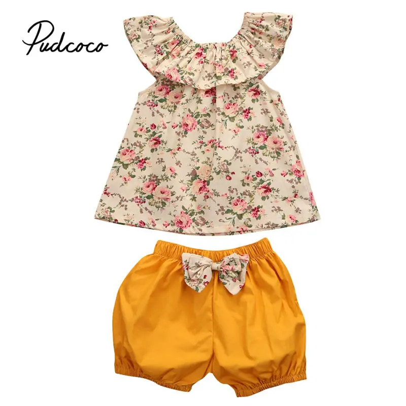 Детская майка pudcoco без рукавов с цветочным рисунком и оборками летний топ бантом