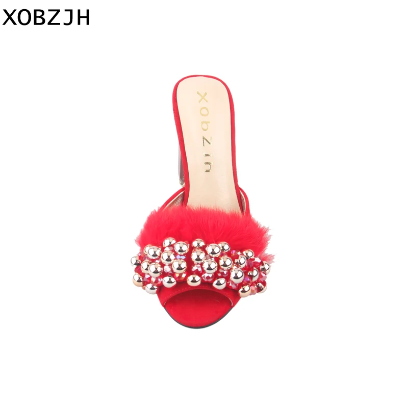 Сандалии женские с красным мехом роскошные брендовые Босоножки открытым носком