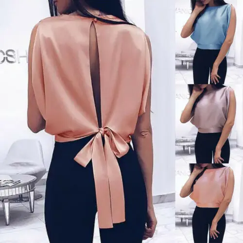 Модные женские топы без рукавов блузка с бантом женская одежда шелковая