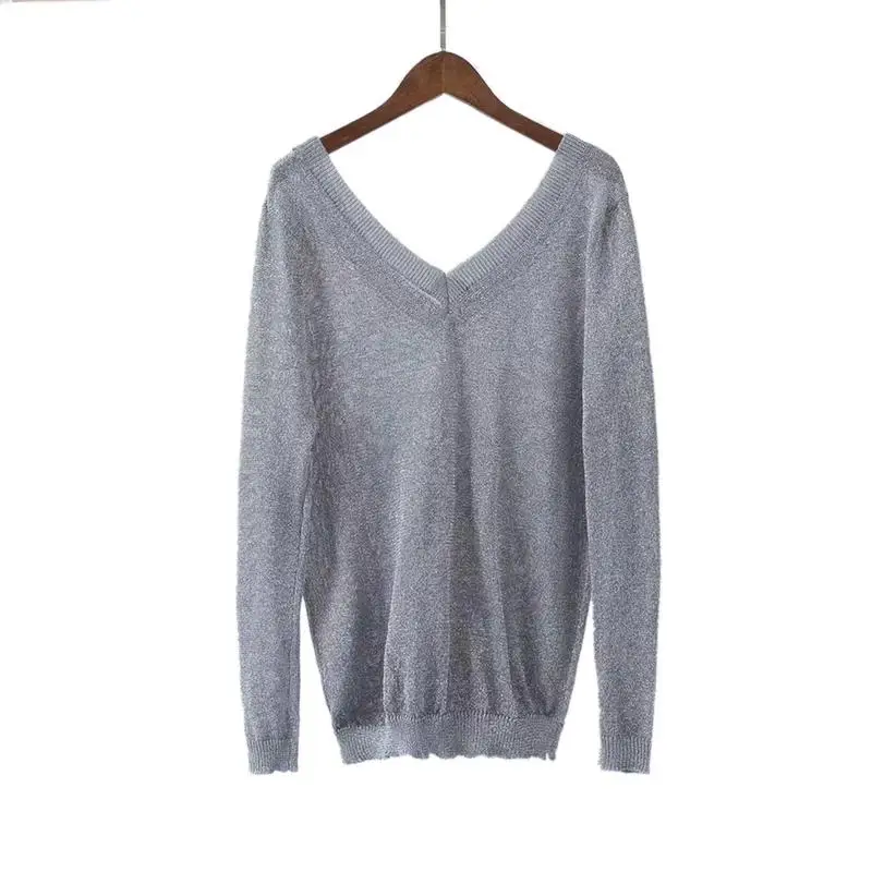 Loose Fitted Versatile Thin Section With Bright Silk Flash V - Neck Women Pullover Sweater | Женская одежда