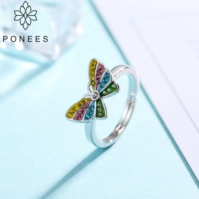 

PONEES 2018 New Fashion Pave Colorful Cute Crystal Butterfly Rings For Women Girls Kids Party Gift Romantic Animal Rings Jewelry