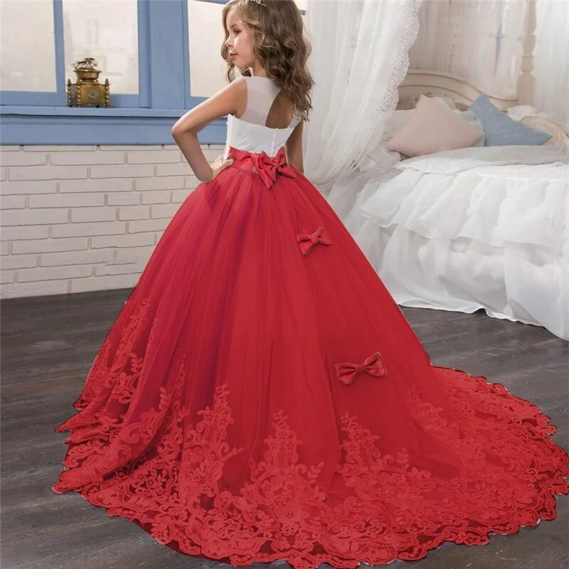 

5-14 Years Teenage Girls Floor Length Red Embroidery Lace Flower Girls Dress for Pageant Wedding Bridesmaid Dressing Gowns