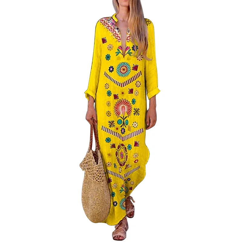 2019 Летнее Длинное платье с цветочным принтом Boho пляжное туника Макси женское