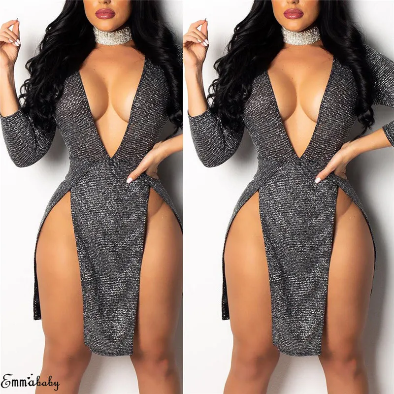 Fashion Casual Slim Solid Women Sparkly Deep V Neck Long Sleeve Bandage Bodycon Mini Dress Party Gown Clubwear Clothes | Женская одежда