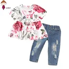 Комплект одежды для маленьких девочек из 2 предметов, топ с цветочным принтом и розовые джинсовые штаны, комплект одежды для младенцев