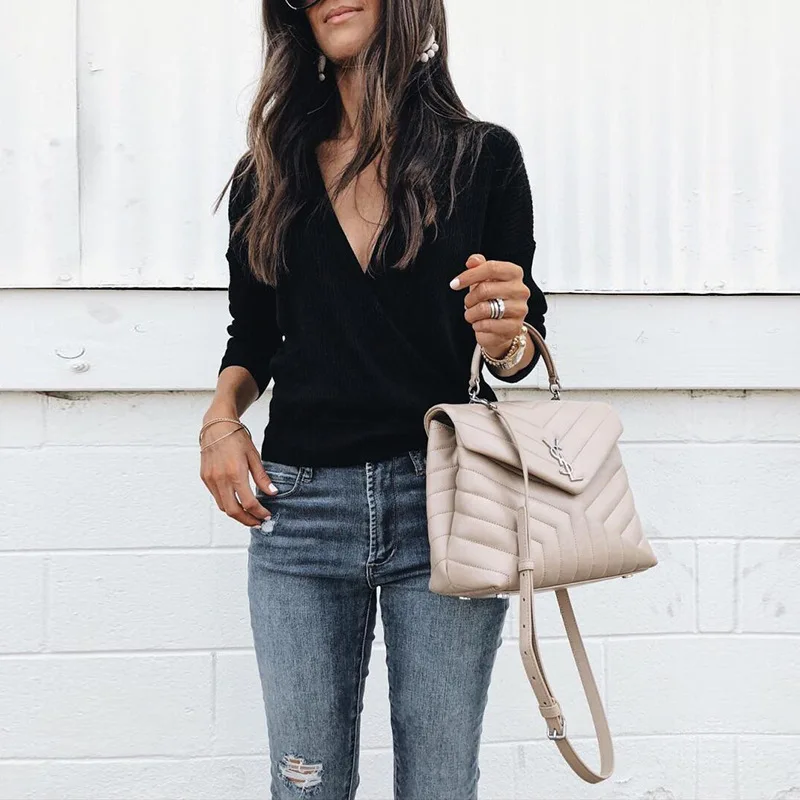

Sexy Plunging V Neck Crop Top Women Knitted Sweater Fall Fashion Winter Long Sleeve Clothes Pull Femme Hiver ey*