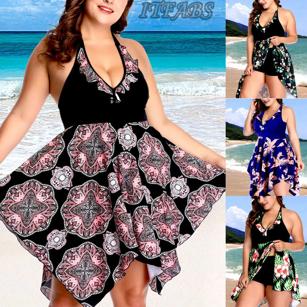 2019 Newest Hot Women Deep V Neck Push Up Floral Swimwear Suit 2 Piece High Waist Plus Size 2XL-6XL Swimdress Swimsuit | Спорт и