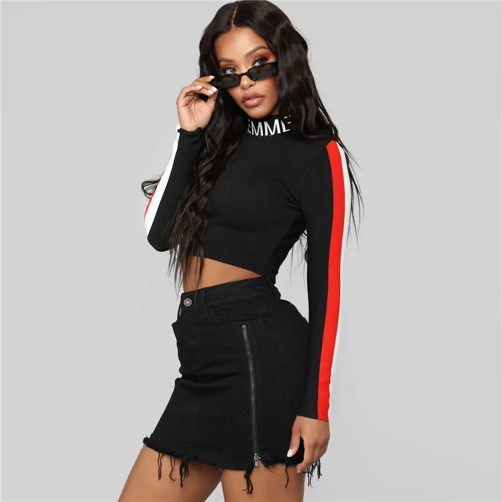 2018 high neck T shirt long sleeved sports T-shirt quality running t black color sexy | Женская одежда