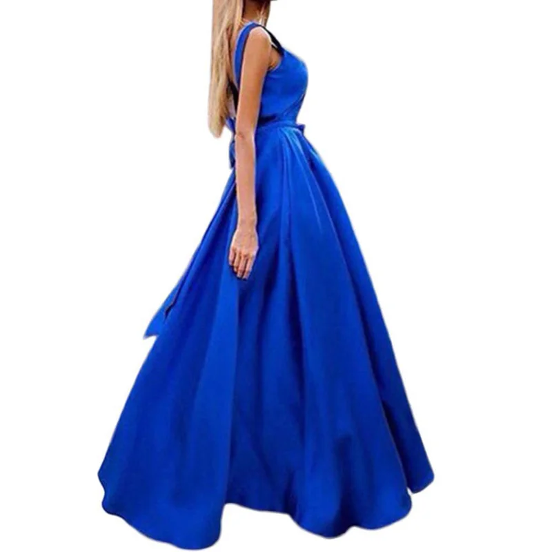 Женское платье с v-образным вырезом синее ТРАПЕЦИЕВИДНОЕ вечернее бантом |