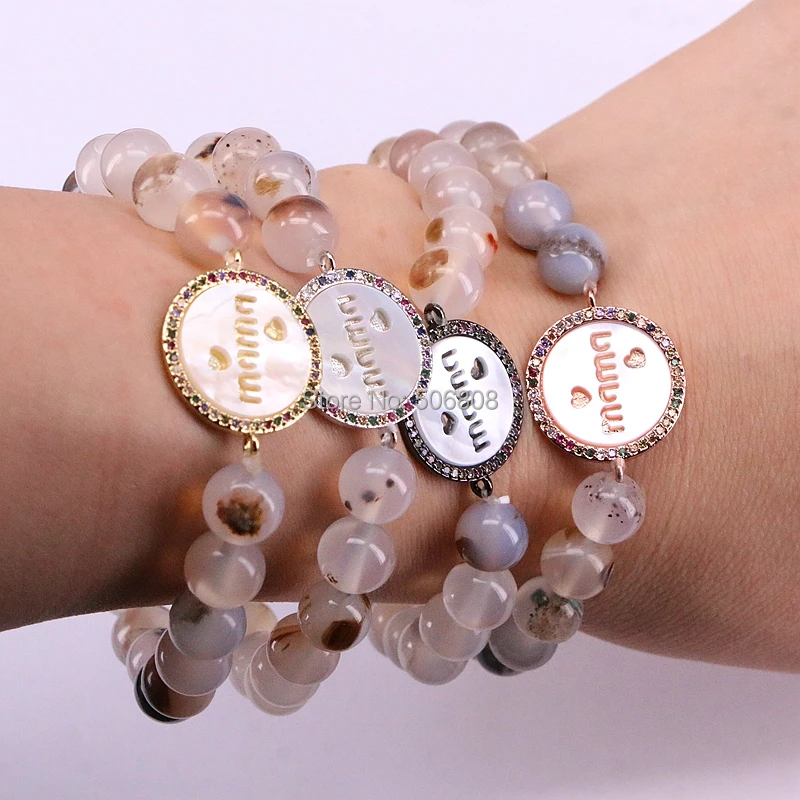 

6PCS ZYZ-B2613 "mama" Jewelry Bracelet Colorful CZ Micro Pave round shell with agates stone women Bracelet