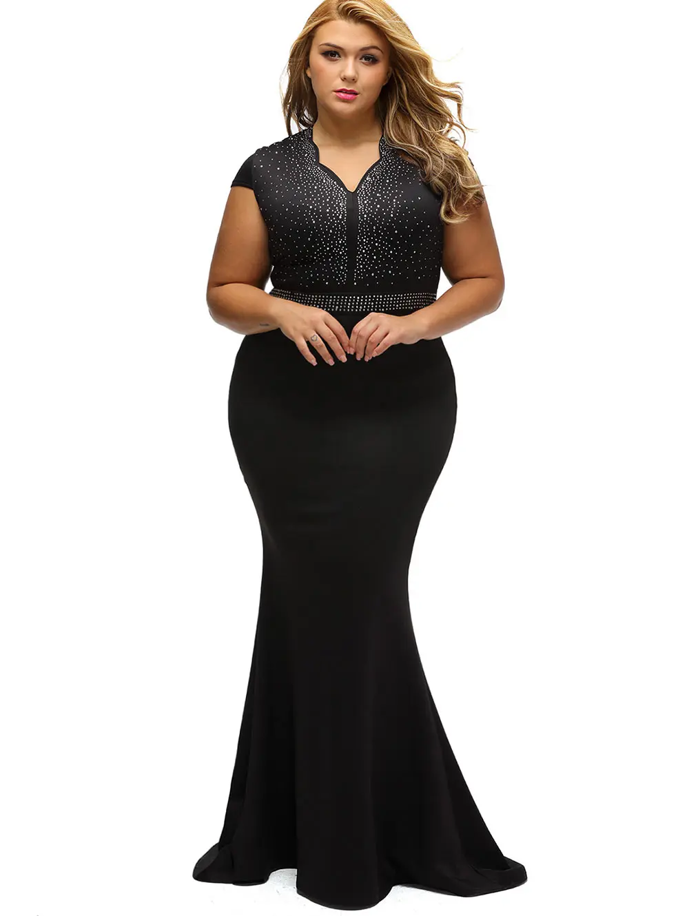 Wipalo Women Rhinestone Embellished Cap Sleeve Plus Size Maxi Dress Formal Party Elegant Trumpet Mermaid Vestidos | Женская одежда