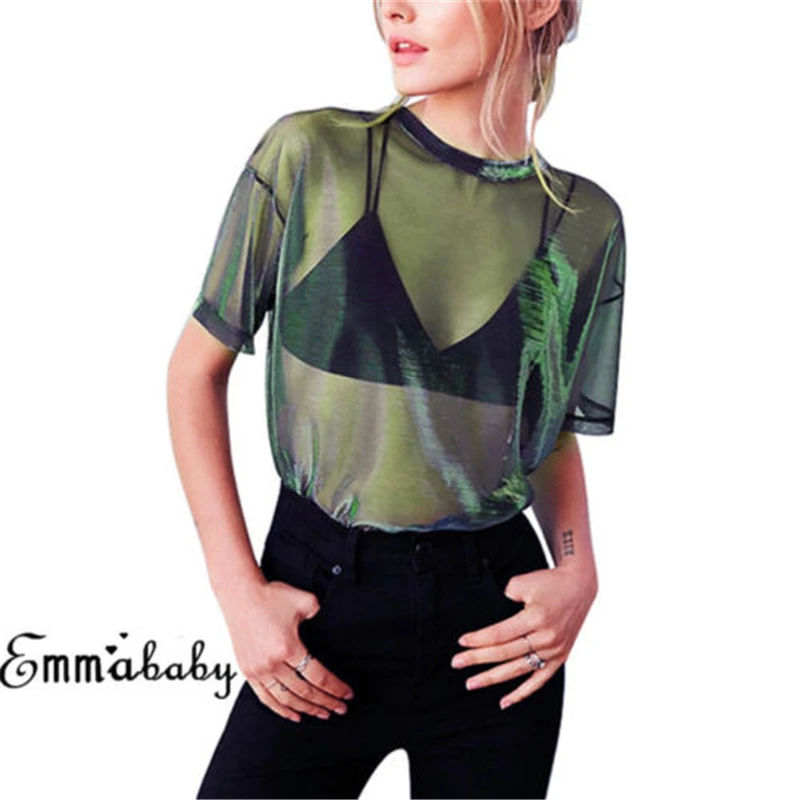 Summer Women Lace Sequined Blouses Shirt Ladies tops Sexy mesh Transparent Elegant See-through Black |