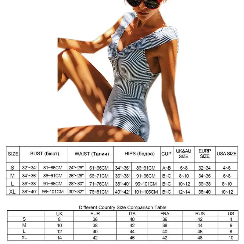 Женский купальник с высокой талией цельный бикини полосатый гофрированный