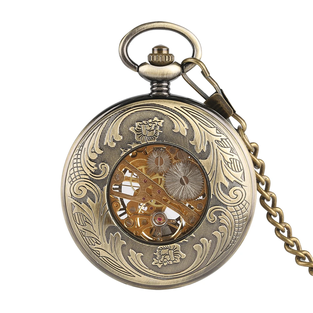 Bronze Carved Pocket Watch for Men Mechanical Movement Boys Golden Frame Hollow Roman Numeral Watches | Наручные часы