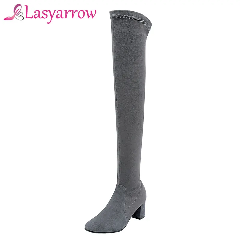 Lasyarrow/модные сапоги выше колена эластичные на высоком квадратном каблуке женские
