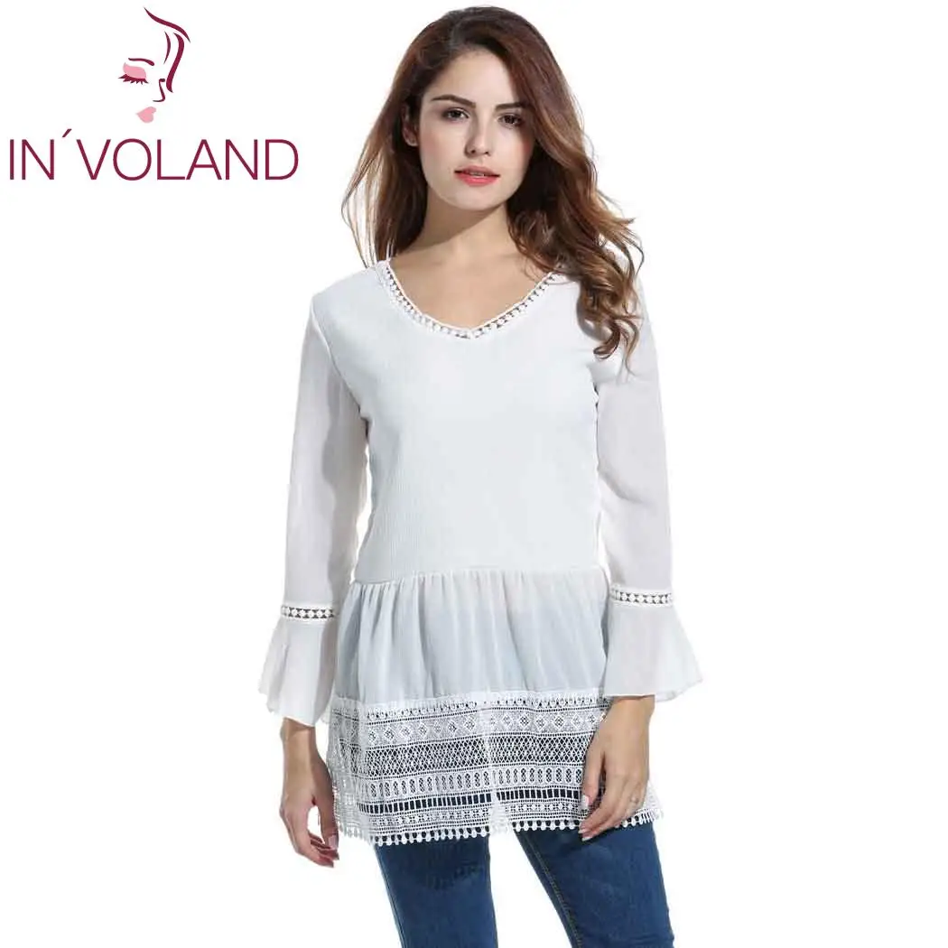 Женский v-образный вырез с расклешенными рукавами кружевная отделка длинная