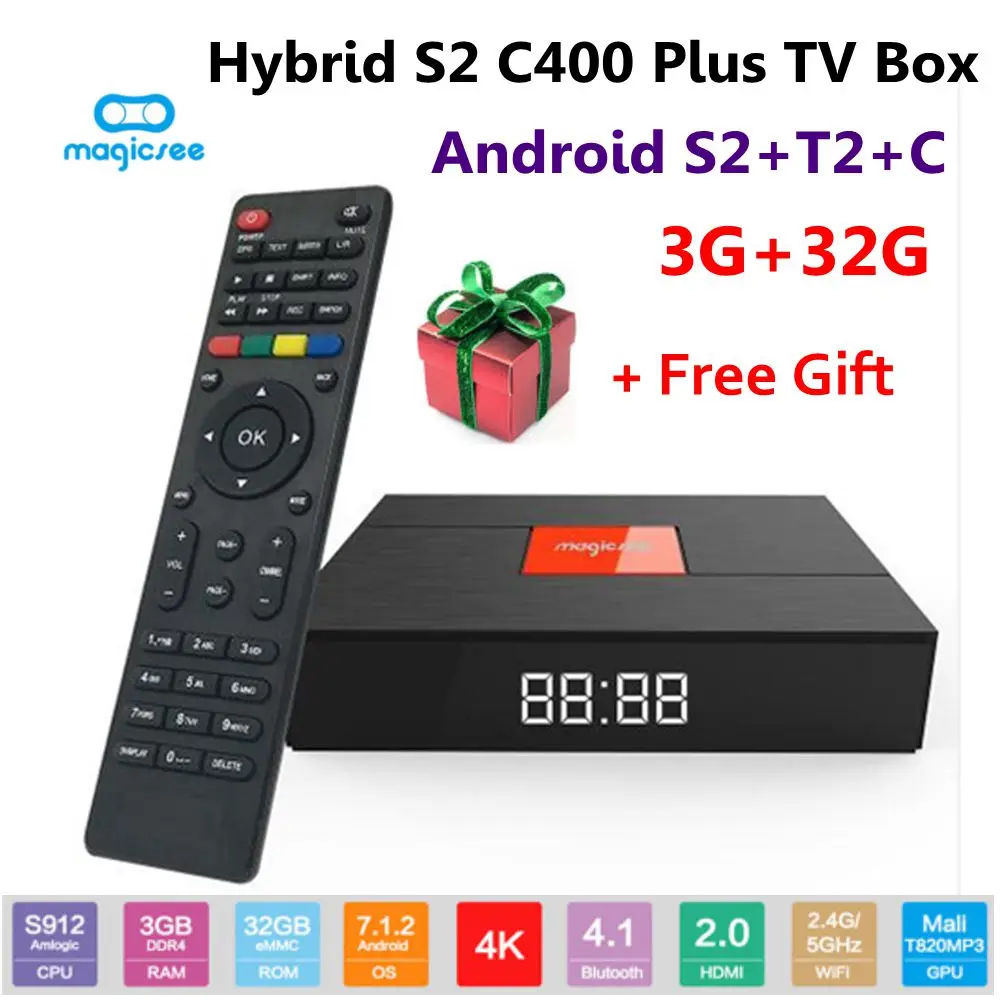 Magicsee C400 плюс гибридный S2/T2/C ТВ Box Amlogic S912 Android7.1.2 3 GB/32 GB 2 4G/5G Wi Fi 100 Мбит/с BT4.1 PVR Запись