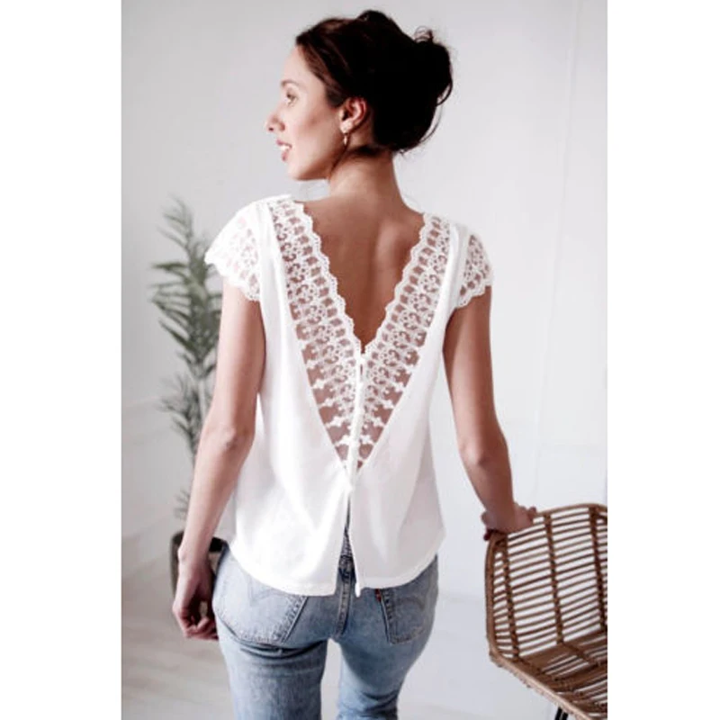Для женщин Boho Летний Свободный шифон повседневная с коротким рукавом кружевная блузка дамы V образным вырезом твердые белые блузки открытой спиной Haut Femme