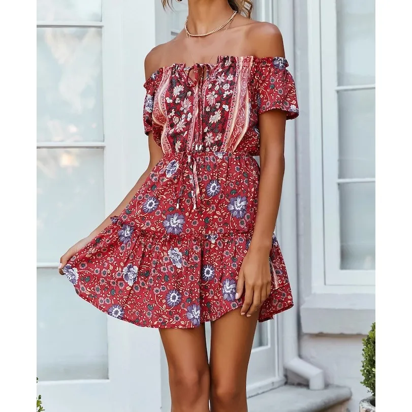 Женское платье с принтом Boho повседневное короткое пляжное на шнуровке открытыми