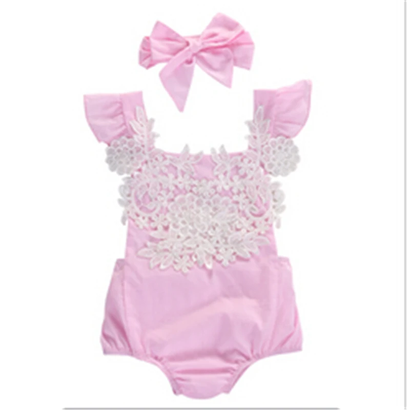 Newborn Infant Baby Girls Pink Lace Floral Romper 2018 New Arrival Fashion Backless Jumpsuit Outfits Set +headband Sunsuit 0-18M |