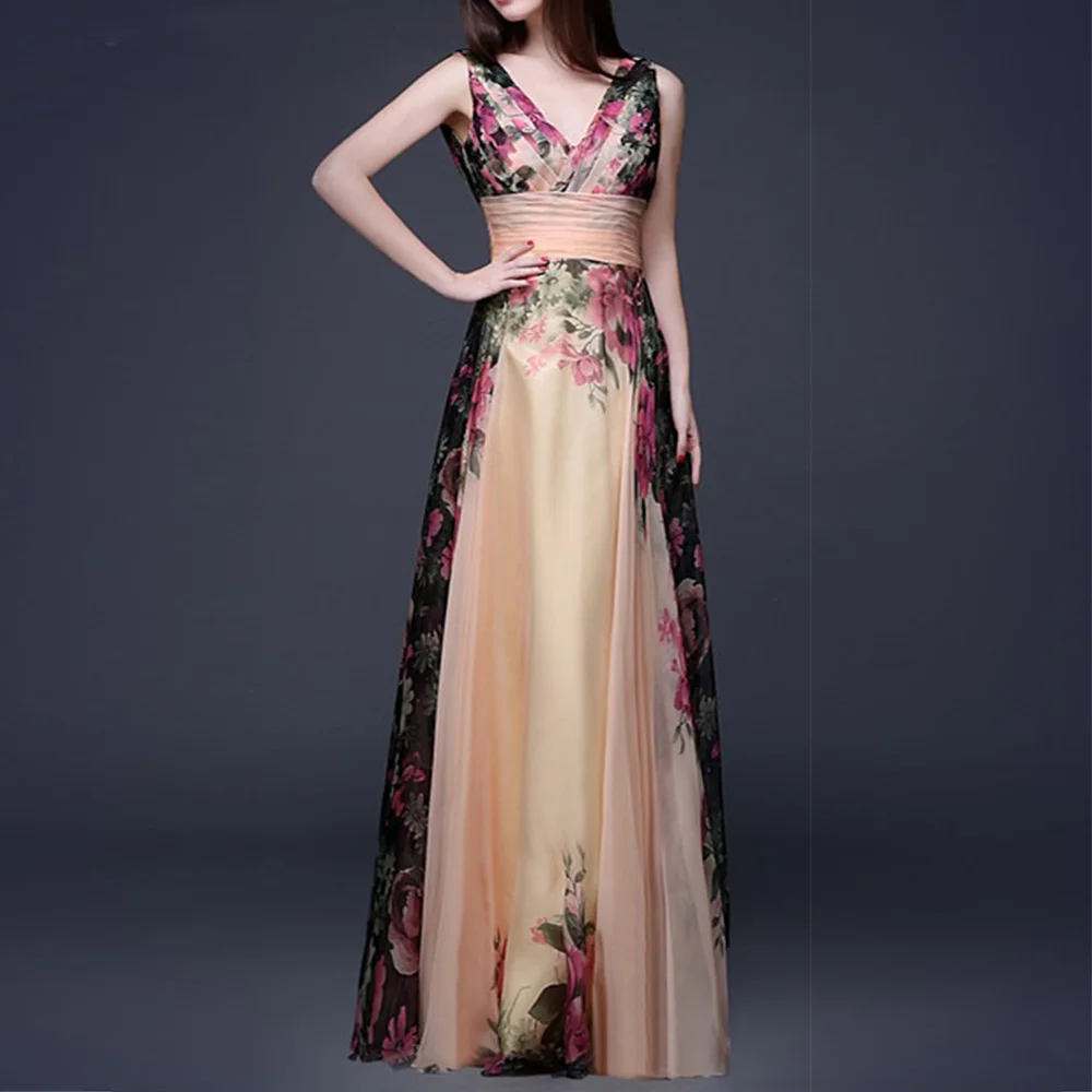 Летние женские цветочные длинные шифоновые вечерние с v-образным вырезом
