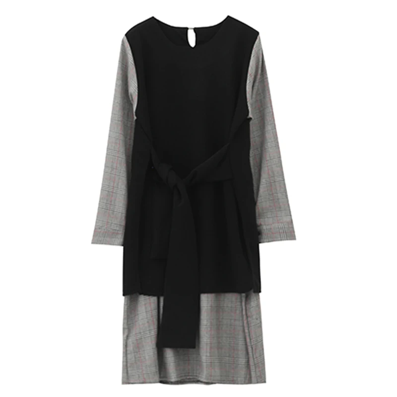 CHICEVER Plaid Patchwork Dresses For Women O Neck Long Sleeve Loose Bandage Women's Dress 2019 Korean Spring Fashion Clothes New | Женская