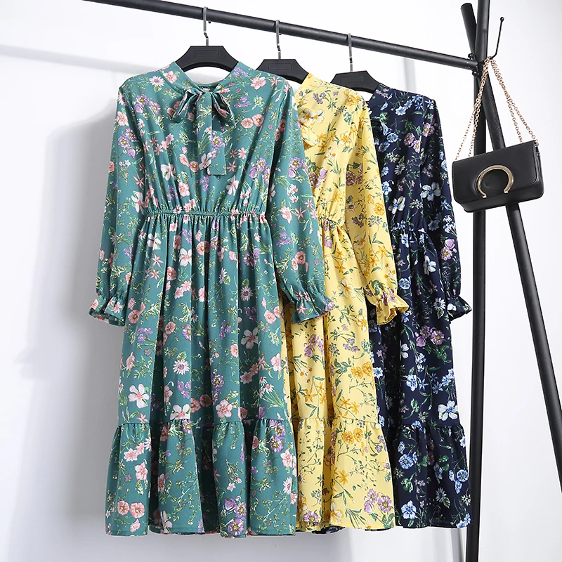 MoYan Women Floral Print Dress Stand Collar Bow Slim Elastic Waist Chiffon Female Vestidos 2018 Autumn Knee-length | Женская одежда