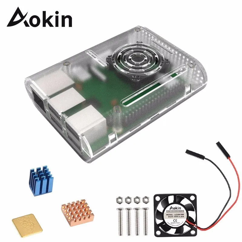 

Aokin для Raspberry Pi 3 чехол Чехол с алюминиевым радиатором + охлаждающий вентилятор + гибкий кабель для камеры для фото + Новинка