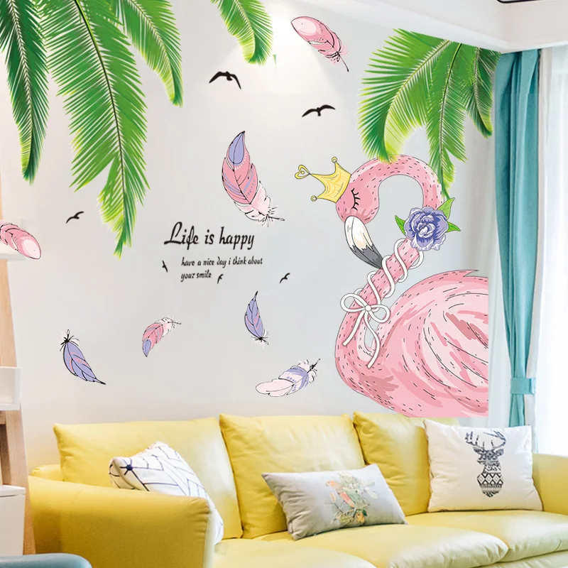 Пальмовые Листья наклейки на стену ПВХ DIY Фламинго животных Muursticker для гостиная