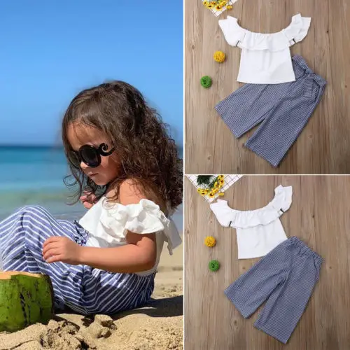 2 шт./комплект топ с открытыми плечами и широкие штаны в полоску|Комплекты одежды