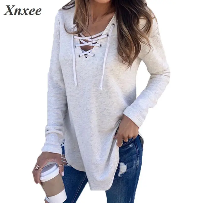 

2020 Fashion Women Long Sleeve T-shirts Autumn Winter Sexy Deep V Neck Bandage Shirts Women Lace Up Tops Tees Clothes