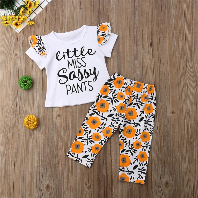 

Summer Girls Clothing Set New Toddler Kids Baby Girl Short Sleeve Cotton T-shirt Tops Floral Printed Long Pant 2Pcs Outfits 0-5Y
