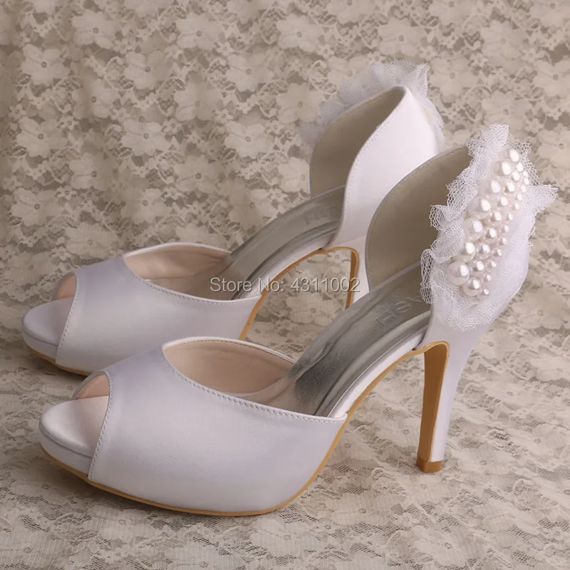 

New Style White Satin Pearl Bridal Shoes with Platform Peep Toe Ladies Shoes