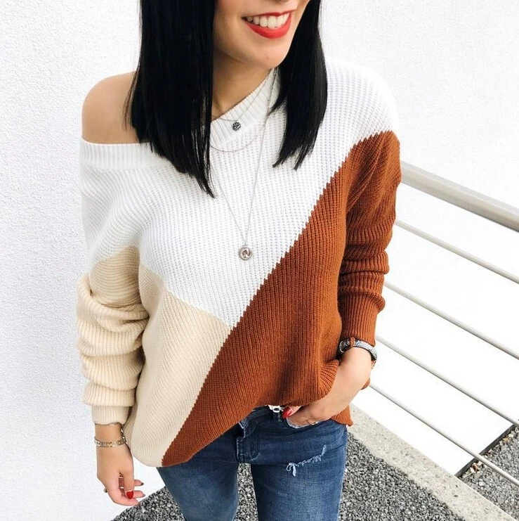 Winter Clothes Women Sweater Long Sleeve Knitted Cold Shoulder Patchwork O Neck Pullover Jumper Jersey Pull Femme Hiver | Женская одежда
