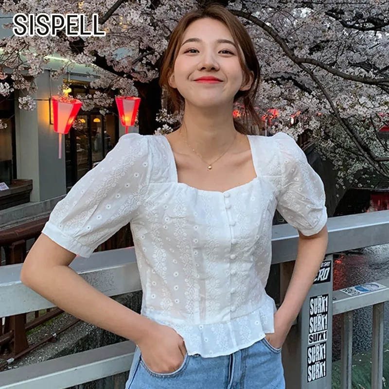 SISPELL Summer Solid Women's Shirt Square Collar Short Sleeve Button Ruffles Slim Blouse Top Female Fashion New Tide Korean 2019 |
