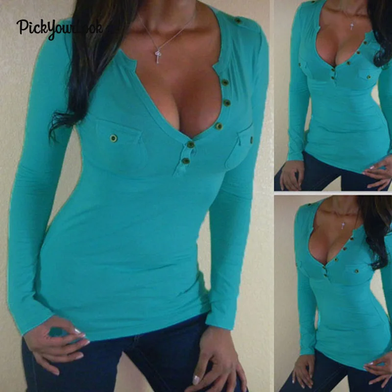 Pickyourlook женские футболки топы с длинным рукавом размера плюс кнопка v образный