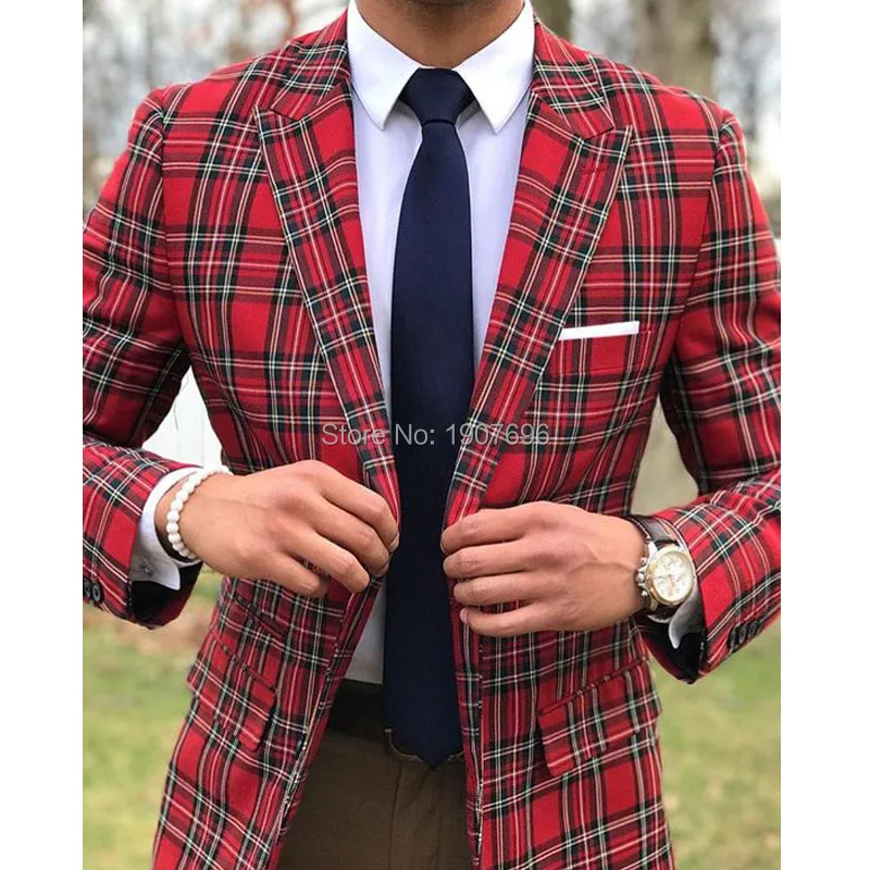 Шотландский плед мужские свадебные костюмы в стиле смокинга жениха Slim Fit Мужской