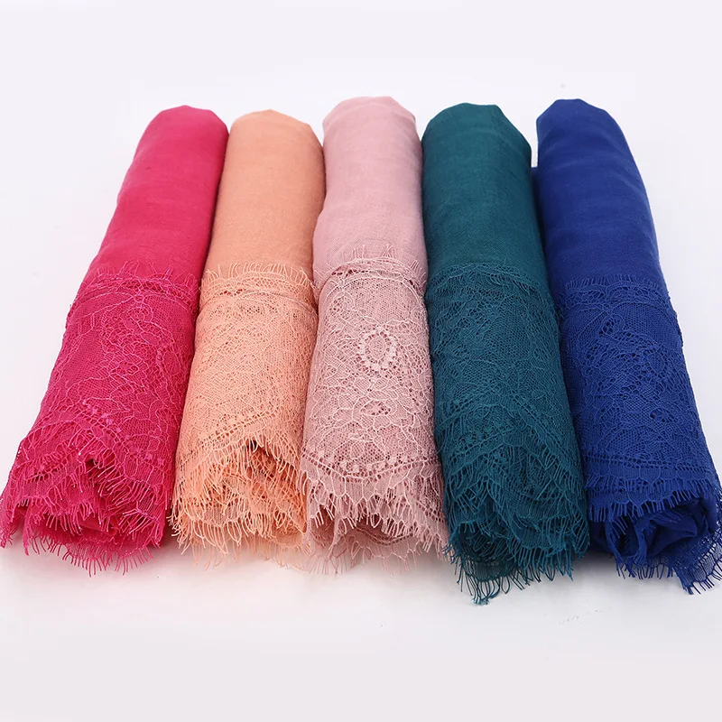 

Panel Lace Muslim Scarf Solid Color Chiffon Instant Hijab Turban Femme Headscarf Wholesale