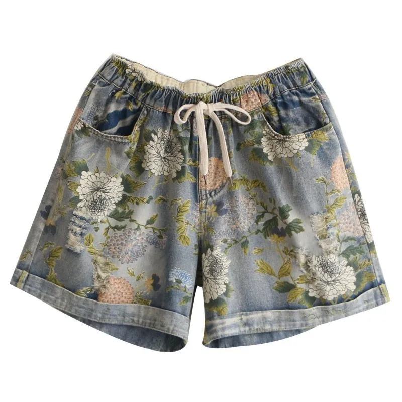 

Wide leg cotton denim shorts women print holes casual summer 2019 new arrivals