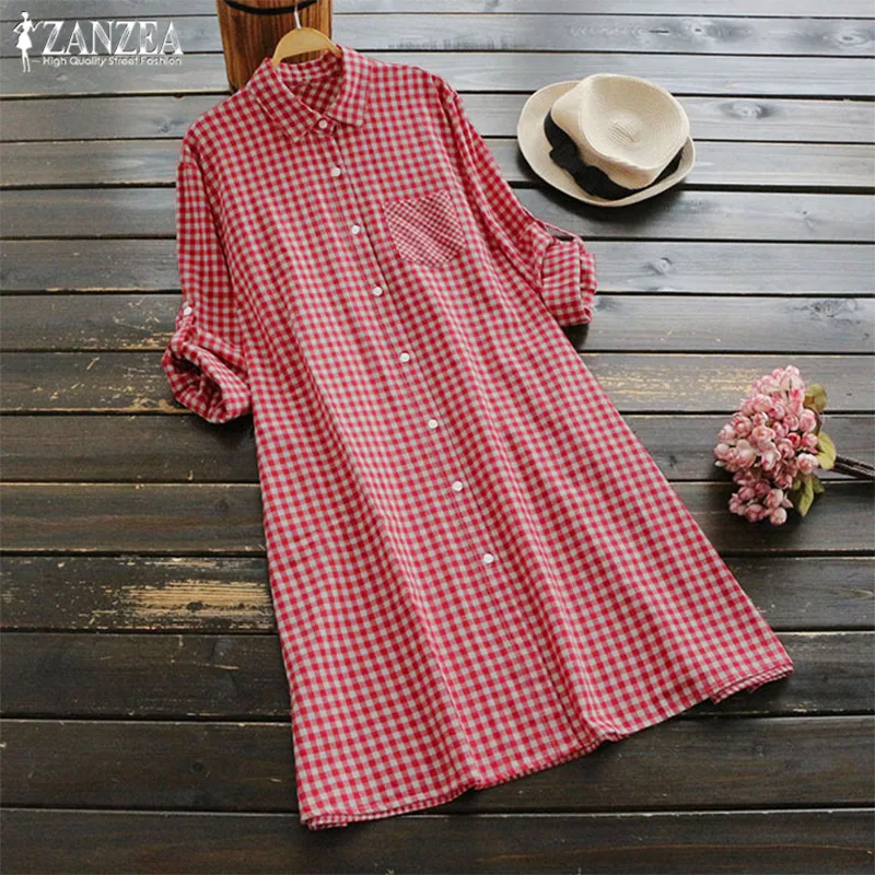 

Womens Checked Shirt Dress ZANZEA 2022 Vintage Short Vestido Robe Femme Long Shirts for Women Beach Sundress Button Party Dress
