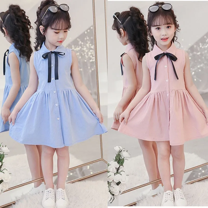 Bow School Children Dresses Kids Baby Shirts Summer Dress Girl Button Pink Blue Girls Teenagers Clothing Turn Down Collar 2019 | Детская