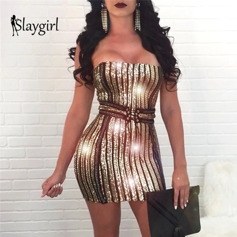 Женское платье с пайетками Slaygirl элегантное облегающее без бретелек короткое