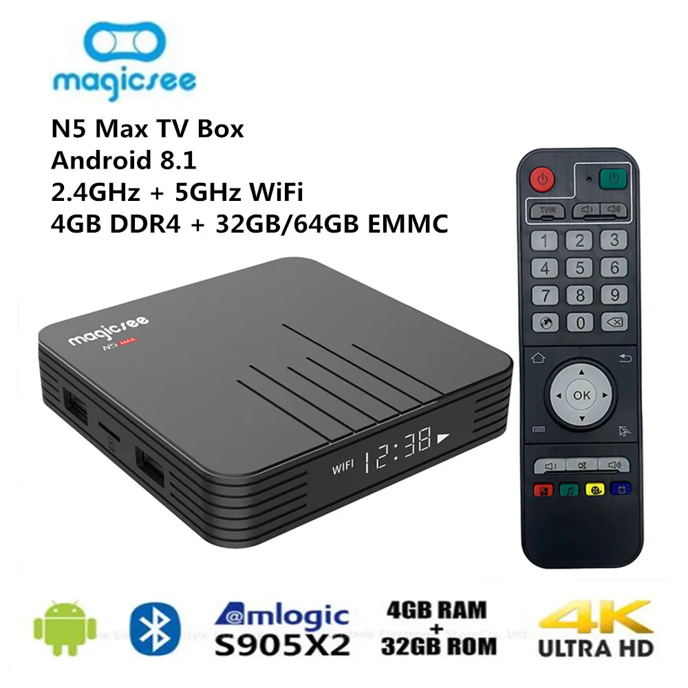 MAGICSEE N5 Max Android 8 1 ТВ Box Amlogic S905X2 4 Гб оперативной памяти 32 встроенной 64 ГБ Встроенная