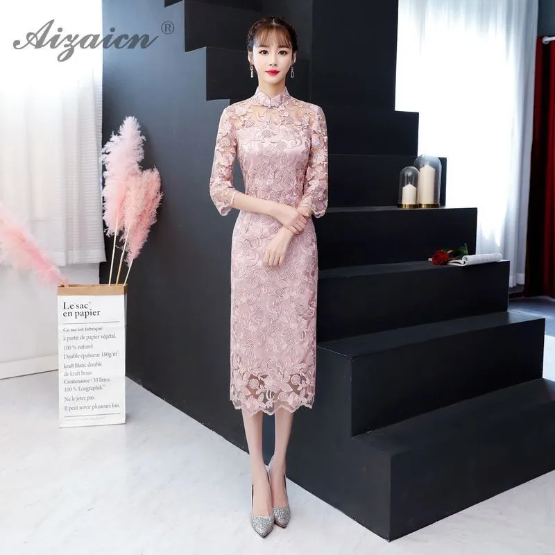Летнее Новое Кружевное платье Cheongsam с вышивкой современное сексуальное Qi Pao
