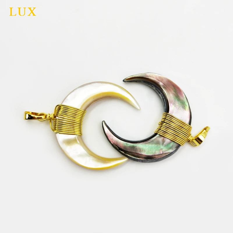 Crescent Moon Pendants Double Horn Pendant With Electroplated Gold Edges Charms wire wrap natural shell jewelry | Украшения и