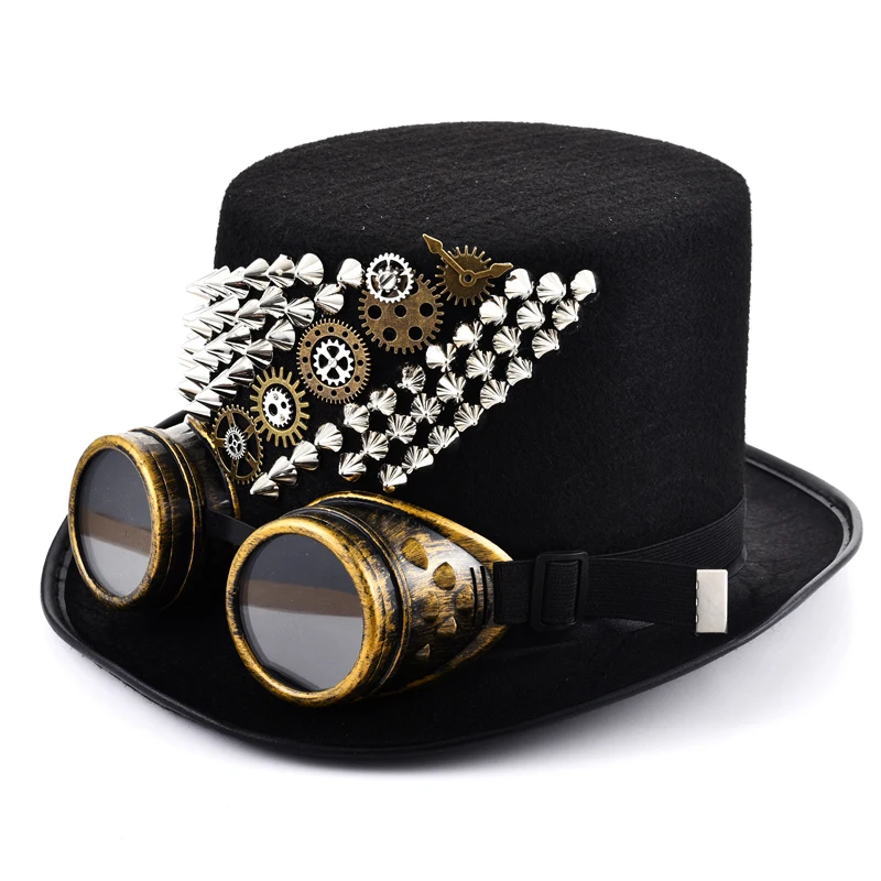 Steampunk Men Rivets Fedora Woman Steam Punk Hat Gears Spikes Goggles Top Hat Gothic Party Hats with Glasses Cos Accessories