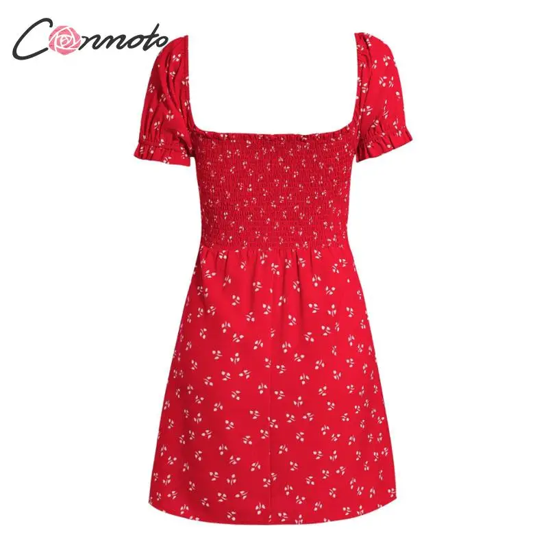Conmoto Шифоновое красное короткое летнее платье винтажное свободное с цветочным