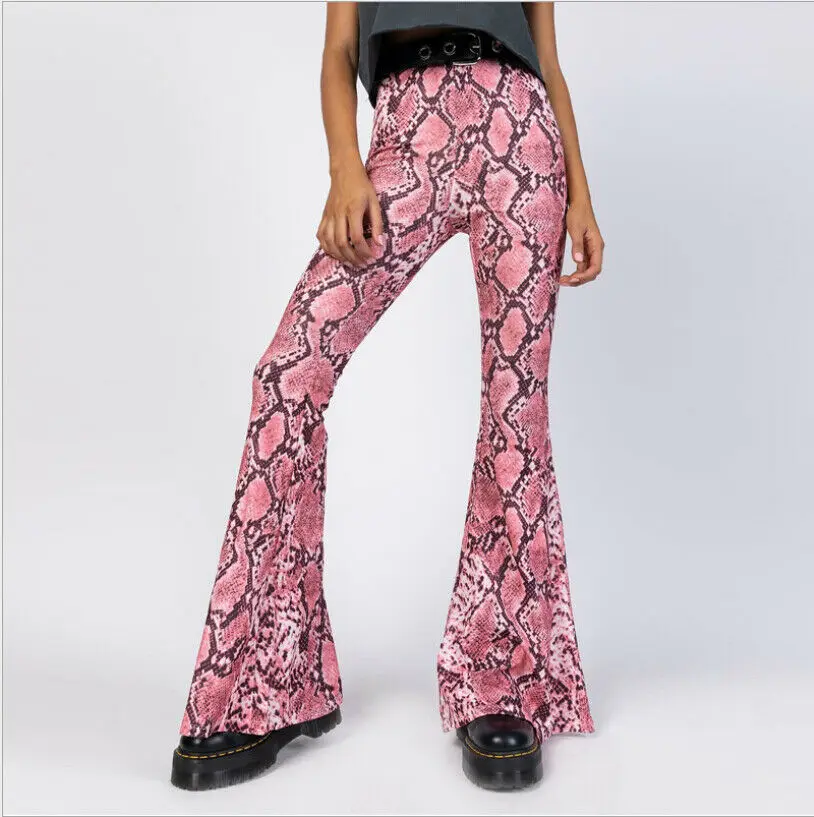 Women Spring 2019 Fashion Snake Skin Print Wide Leg Pants Sexy Party Club Flare Casual Elastic Waist Trousers Pantalones | Женская