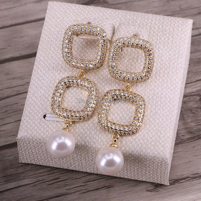 

4 Pairs ZYZ332-4980 Fashion Geometric Shape Simulated Pearl Long Square CZ Pave Setting Dangle Earrings Women Jewelry