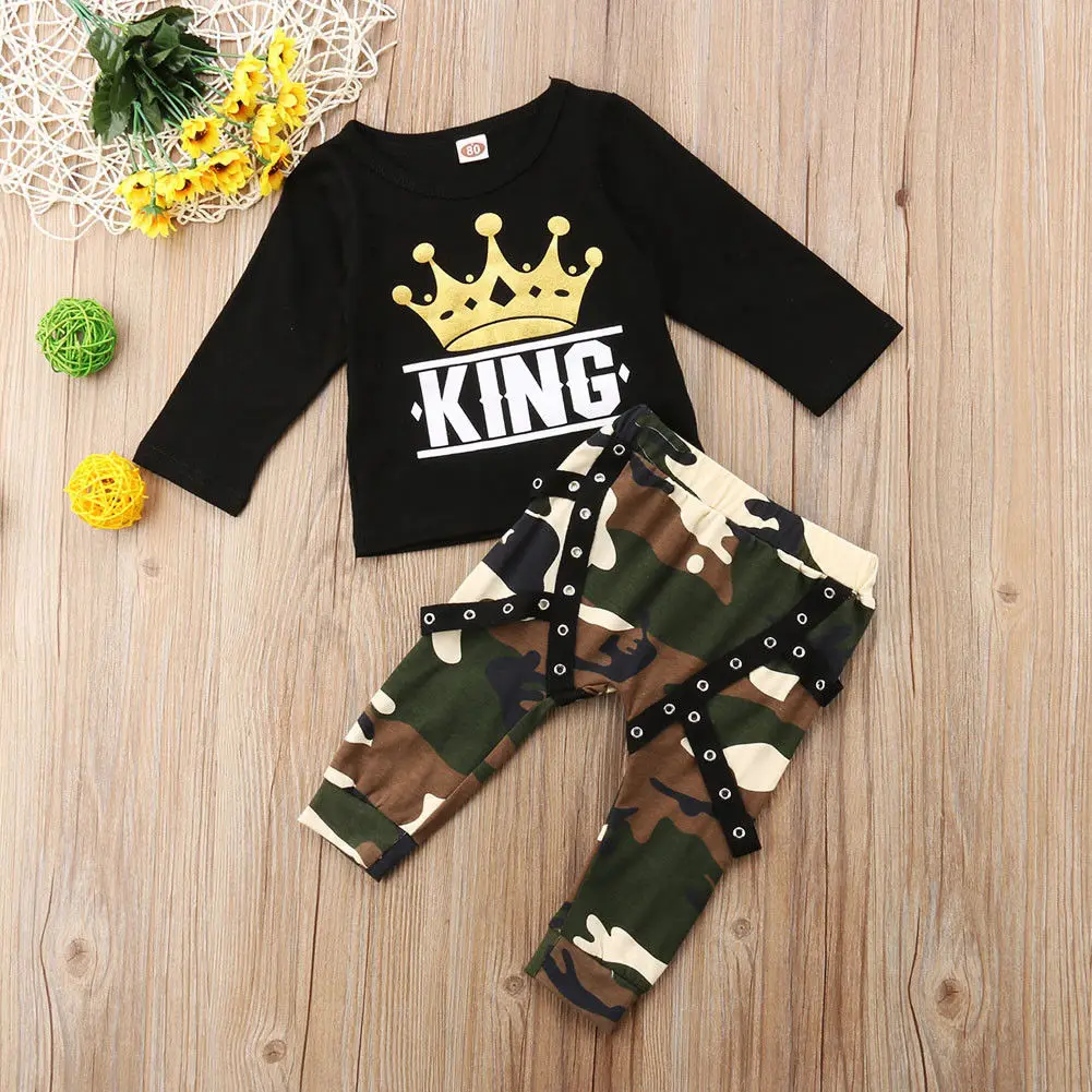 2PCS Toddler Baby Kids Boys Long Sleeve Crown Pattern T-shirt Camo Pants Outfits Set Infant Boy 0-5T |
